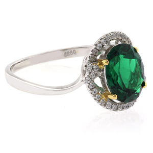 Beautiful Oval Cut Emerald Gold Prong Micro Pave Silver Ring