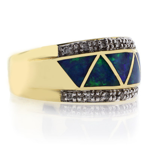 14k Yellow Solid Gold Opal Diamond Ring