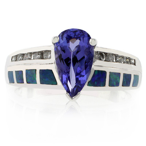 Solid 14k White Gold Australian Opal Ring with Tanzanite