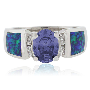Blue Australian Opal Ring with Tanzanite