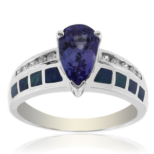 Solid 14k White Gold Australian Opal Ring with Tanzanite