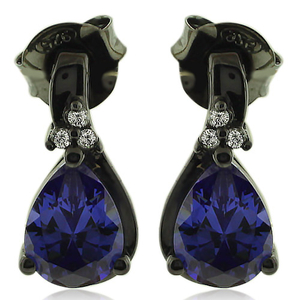 Drop Cut Tanzanite Earrings with Zirconia In Black Silver.