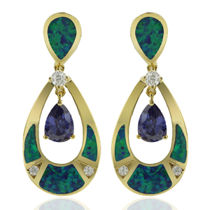 Gold Plated Earrings with Australian Opal and Tanzanite in Drop Cut