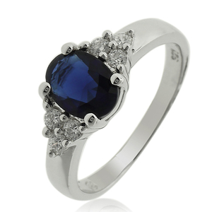 Elegant Silver Ring With Oval Cut Sapphire Gemstones and Simulated Diamonds