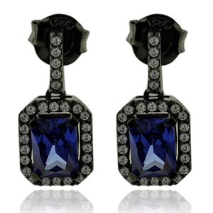 Emerald Cut Tanzanite Earrings with Zirconia In Black Silver