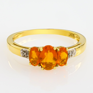 Beautiful Authentic 3 stone Mexican Fire Cherry Opal and Genuine Diamond ring