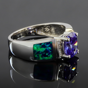 Blue Australian Opal Ring with Tanzanite