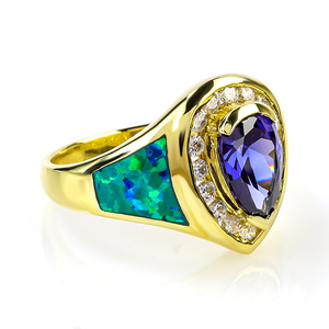 Gold Plated Ring With Drop Cut Tanzanite Gemstone and Australian Opal