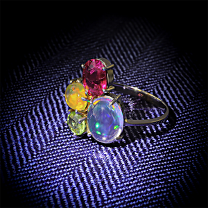 Genuine Mexican Fire Jelly Opal, Tsavorite and Rubelite Gold Ring