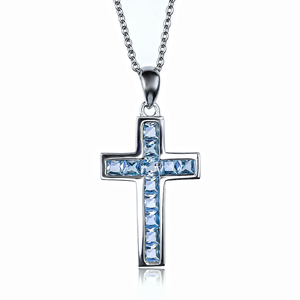 Sterling Silver Cross With Round Cut Aquamarine