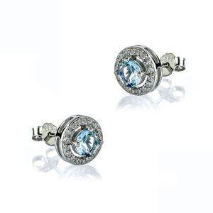 Brilliant-Cut Silver Solitaire Halo Earrings with Aquamarine 7 mm