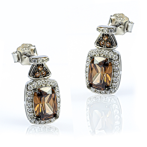 Silver Emerald Cut Chocolate Diamond Set Earrings Pendant