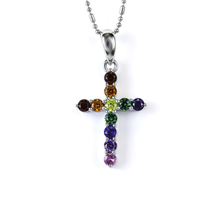 Mixed Gemstones Sterling Silver Cross Pendant 27 mm x 15 mm