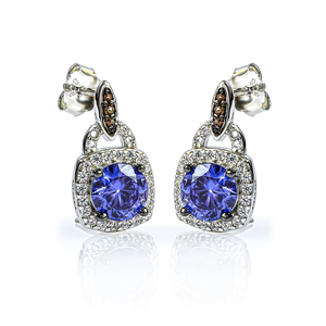 Silver Princess Cut Tanzanite Chocolate Diamond Set Earrings Pendant