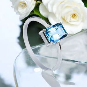 Genuine Emerald Cut Blue Topaz Engagement 14k White Gold Ring