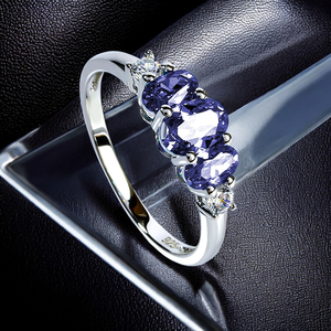 3 Stone Tanzanite Oval Cut Sterling Silver Ring