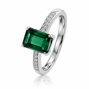 Natural Mined Green Tourmaline Diamonds 14K White Gold Ring
