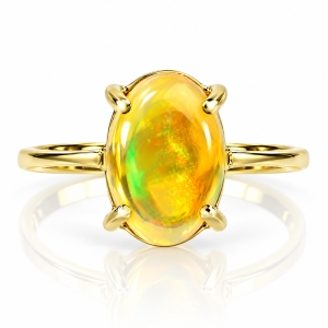 Genuine Mexican Opal Cabuchon 14K Solid Gold Ring