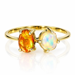 Genuine Fire Mexican Opal Natural 14K Solid Gold Ring