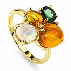 Natural High Quality Mexican Fire Jelly Opal Green Sapphire 14K Gold Ring