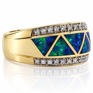 14k Yellow Solid Gold Opal Diamond Ring