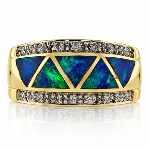 14k Yellow Solid Gold Opal Diamond Ring