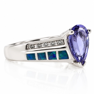 Solid 14k White Gold Australian Opal Ring with Tanzanite