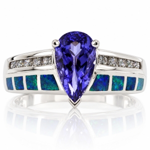 Solid 14k White Gold Australian Opal Ring with Tanzanite