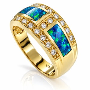 Top Quality Australian Blue Opal Diamond Gold Ring