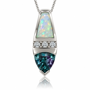 Trillion Cut Alexandrite and  White Opal Silver Pendant