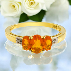 Beautiful Authentic 3 stone Mexican Fire Cherry Opal and Genuine Diamond ring