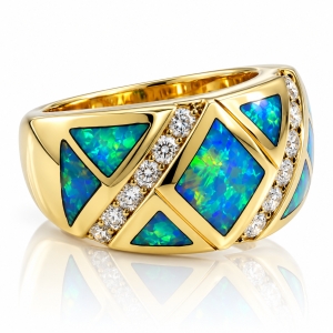 Extremely Beautiful Genuine Australian Opal and Diamond Ring