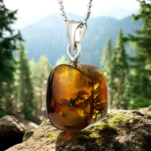100% Natural Amber Silver Pendant 20mm x 10mm