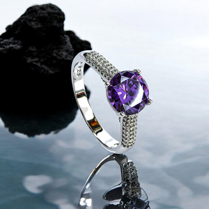 Solitaire Round Cut Amethyst Ring Sterling Silver