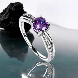 Amethyst Round Cut Silver Ring Solitaire