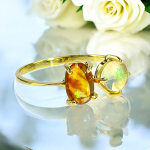 Genuine Fire Mexican Opal Natural 14K Solid Gold Ring