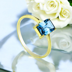 Genuine Emerald Cut Blue Topaz Engagement 14k Yellow Gold Ring