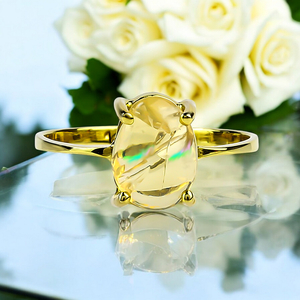 Genuine Mexican Opal Natural Polished Cabuchon 14K Solid Gold Ring