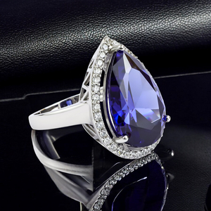 Big Tanzanite Sterling Silver Ring Pear Cut