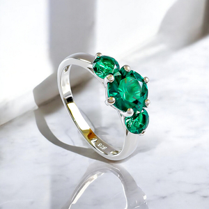 3 Stone Emerald Silver Ring