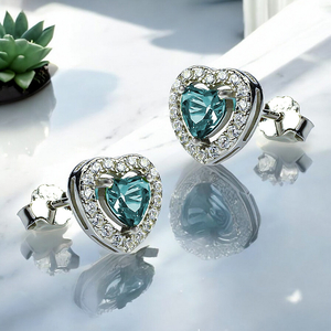 Heart Shape Cut Aquamarine Halo Sterling Silver Earrings