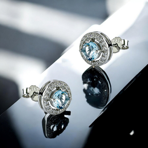 Brilliant-Cut Silver Solitaire Halo Earrings with Aquamarine 9 mm