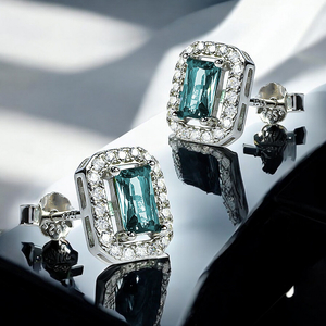 Emerald Cut Aquamarine Halo Silver Earrings 9 mm x 6 mm