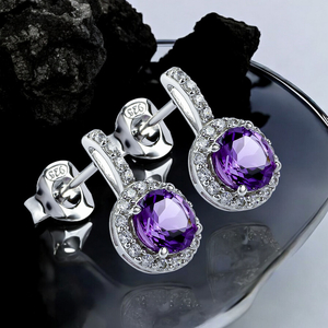 Round Cut Amethyst Silver Earrings