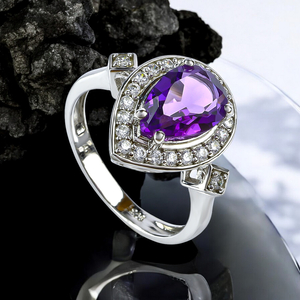 Sterling Silver Big Pear Cut Amethyst Ring