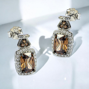 Silver Emerald Cut Chocolate Diamond Set Earrings Pendant