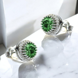 Brilliant Cut Emerald Halo Sterling Silver Earrings