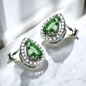 Pear Cut Emerald Halo Sterling Silver Earrings