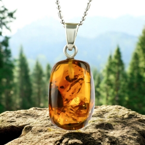 100% Natural Amber Silver Pendant 25mm x 10mm