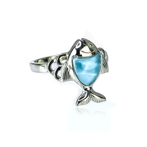Beautiful Genuine Larimar Stone Fish Sterling Silver Ring